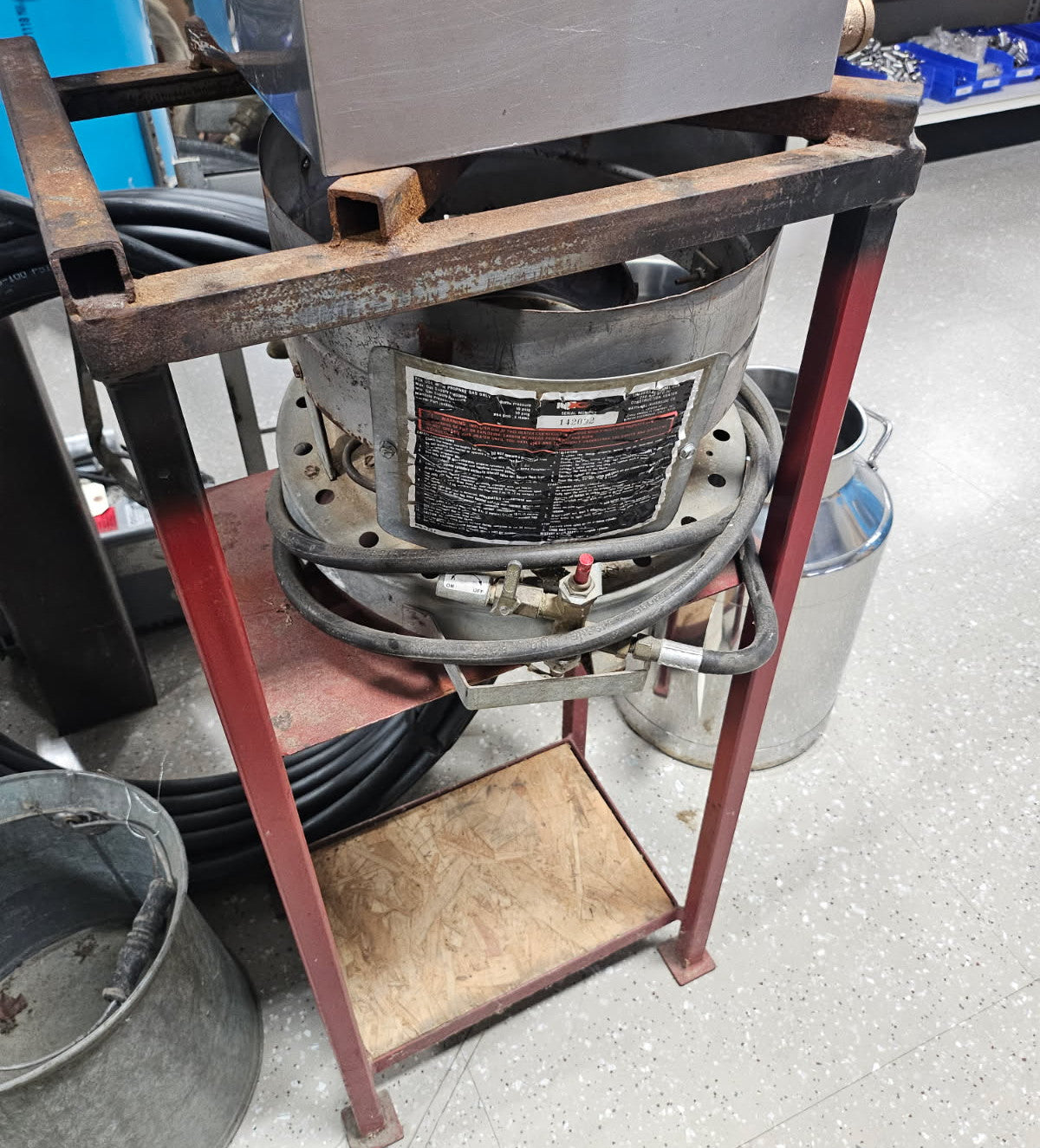 Used 10"x10"x18" Stainless Pan with Handles and Cover on a Stand with Propane Burner