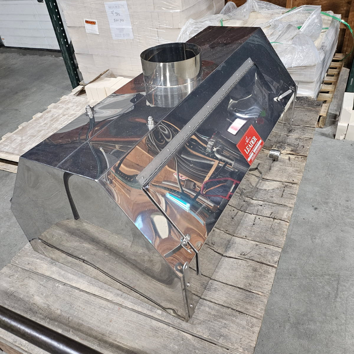 Used 2'x4' Leader Stainless Hood with Stack and 2-8" Elbows